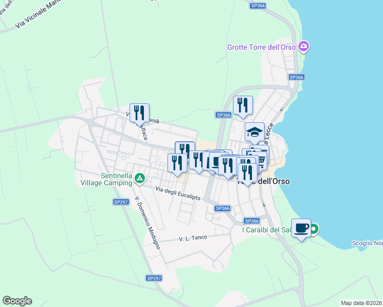 map of restaurants, bars, coffee shops, grocery stores, and more near Via Lecce in Torre dell'Orso