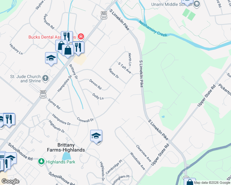 map of restaurants, bars, coffee shops, grocery stores, and more near 136 Hampshire Drive in Chalfont