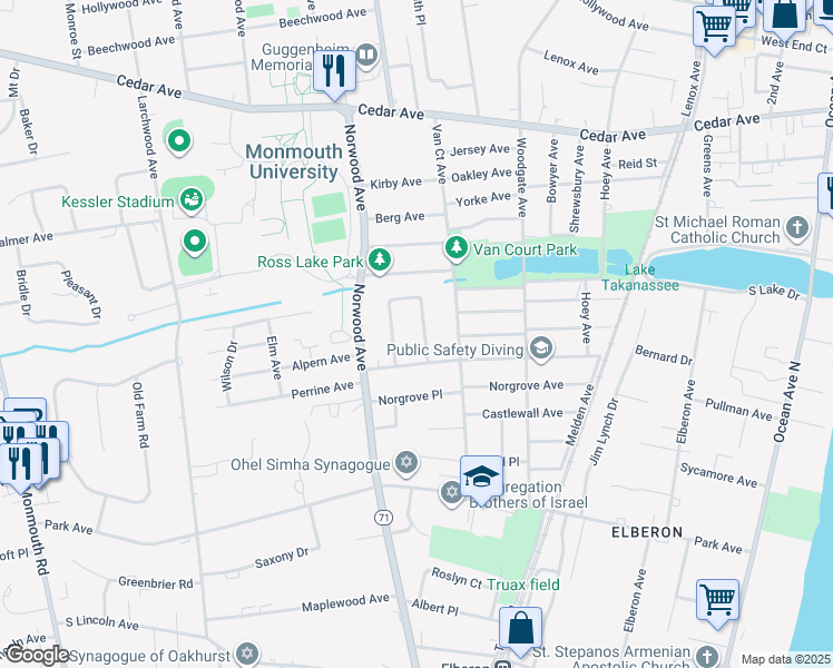 map of restaurants, bars, coffee shops, grocery stores, and more near 881 Red Oaks Drive in Long Branch