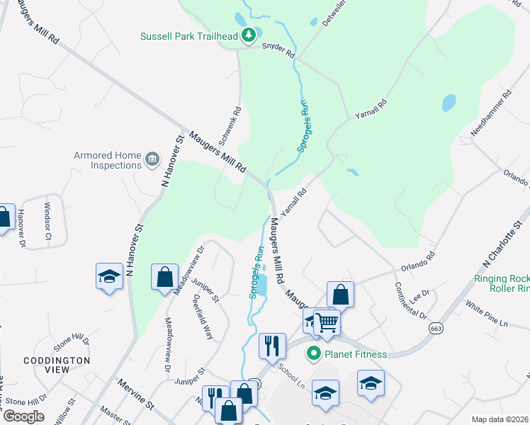 map of restaurants, bars, coffee shops, grocery stores, and more near 248 Maugers Mill Road in Pottstown