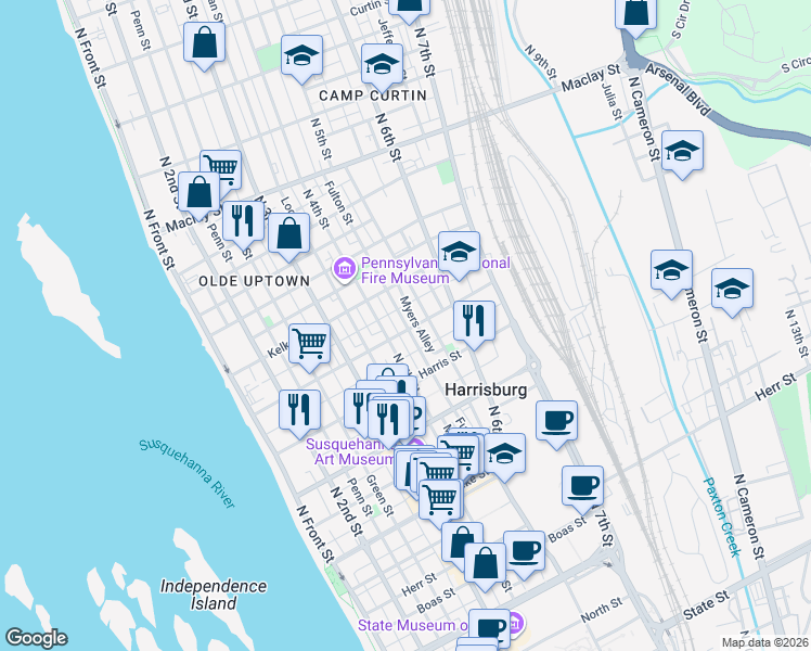 map of restaurants, bars, coffee shops, grocery stores, and more near 420 Hamilton Street in Harrisburg