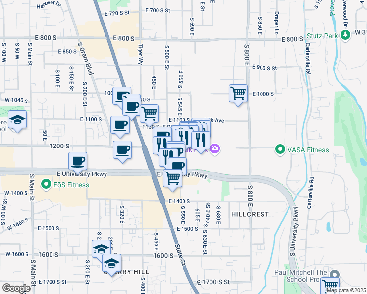 map of restaurants, bars, coffee shops, grocery stores, and more near 575 East University Parkway in Orem