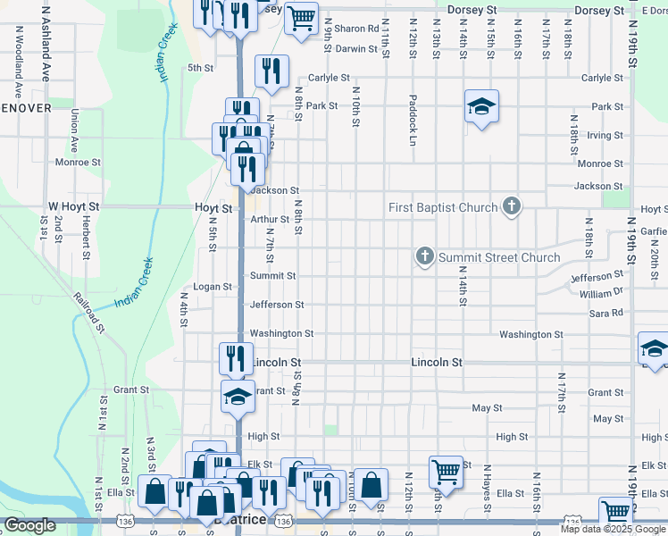 map of restaurants, bars, coffee shops, grocery stores, and more near 902 North 9th Street in Beatrice