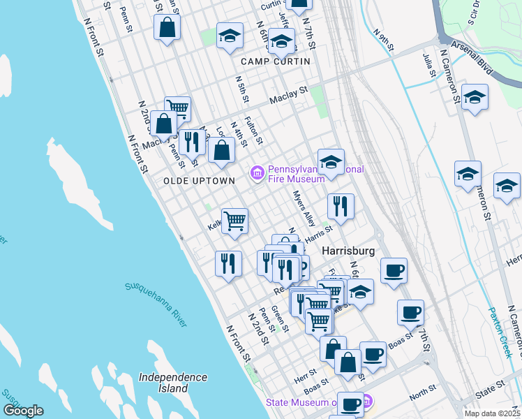 map of restaurants, bars, coffee shops, grocery stores, and more near 1732 Logan Street in Harrisburg