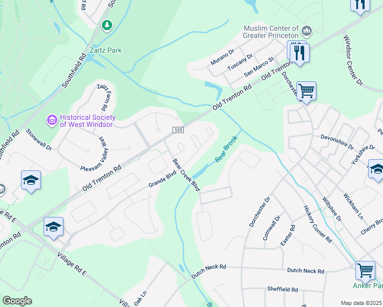 map of restaurants, bars, coffee shops, grocery stores, and more near 17 Grande Boulevard in West Windsor Township