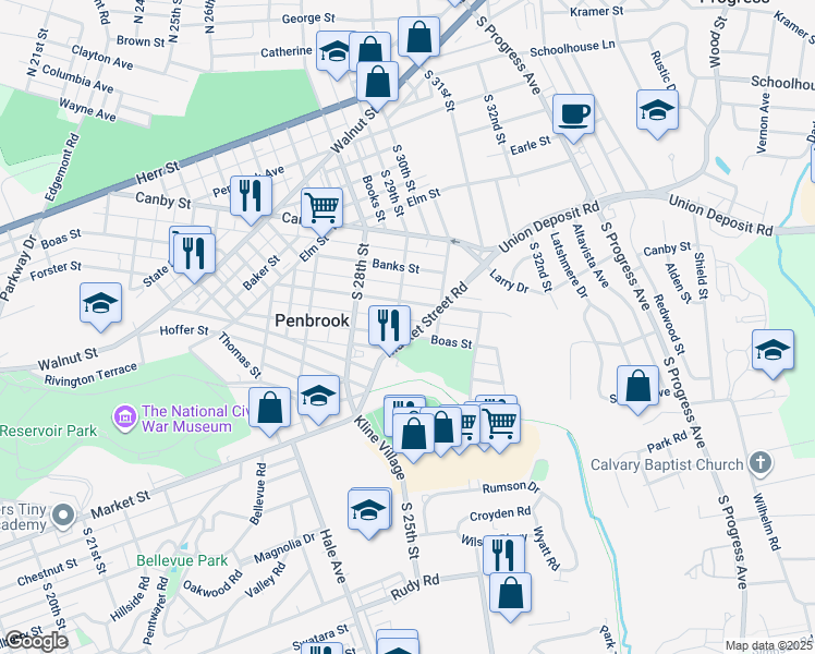 map of restaurants, bars, coffee shops, grocery stores, and more near 2904 Boas Street in Harrisburg