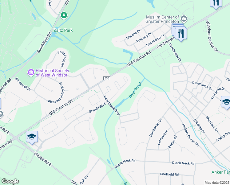 map of restaurants, bars, coffee shops, grocery stores, and more near 17 Grande Boulevard in West Windsor Township