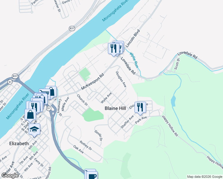 map of restaurants, bars, coffee shops, grocery stores, and more near 502 Wylie Avenue in Elizabeth