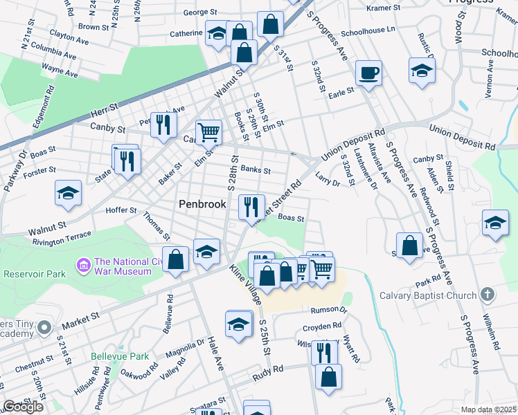 map of restaurants, bars, coffee shops, grocery stores, and more near 2900 Boas Street in Harrisburg