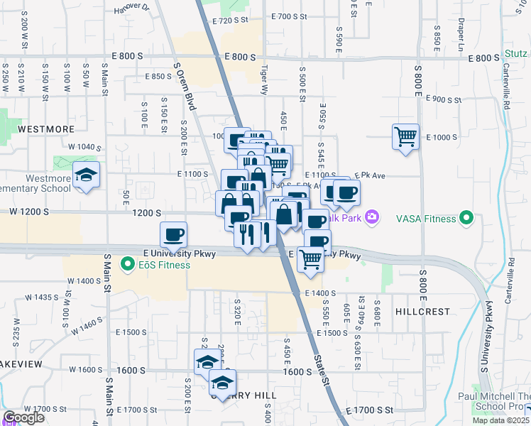 map of restaurants, bars, coffee shops, grocery stores, and more near 1200 State Street in Orem
