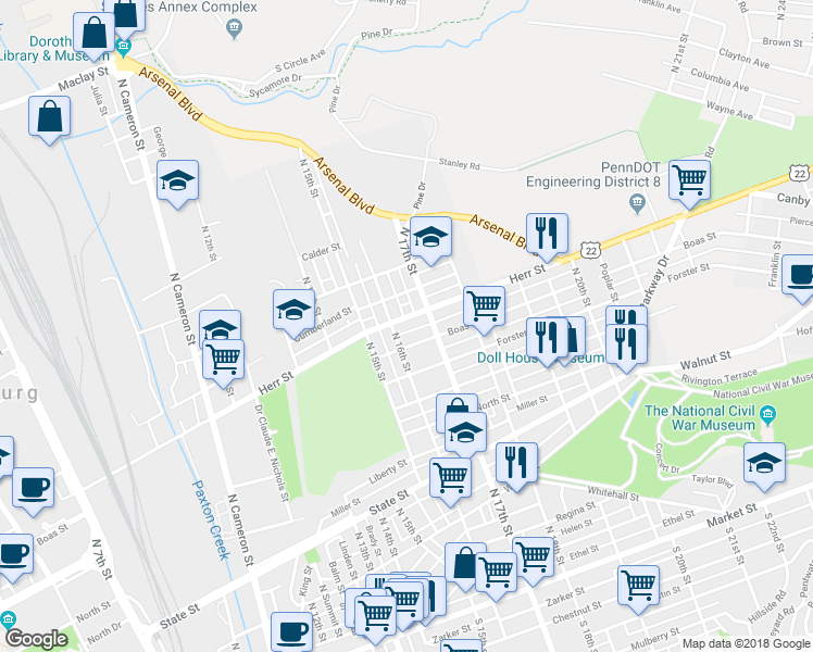 map of restaurants, bars, coffee shops, grocery stores, and more near 1611 Herr Street in Harrisburg