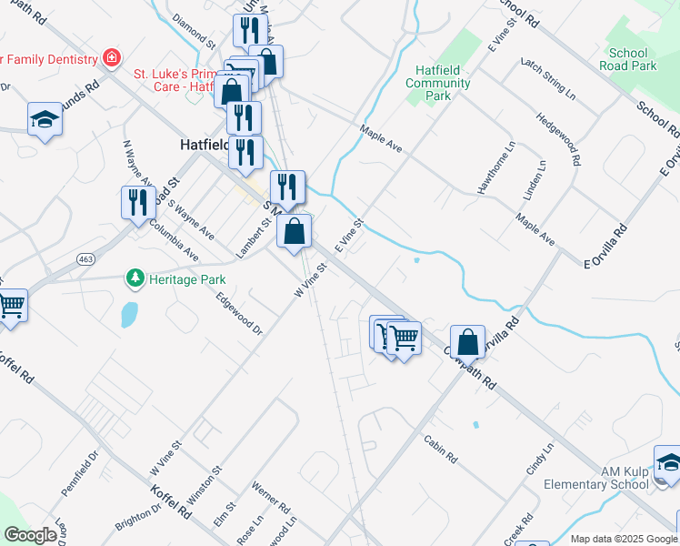 map of restaurants, bars, coffee shops, grocery stores, and more near 536 South Main Street in Hatfield
