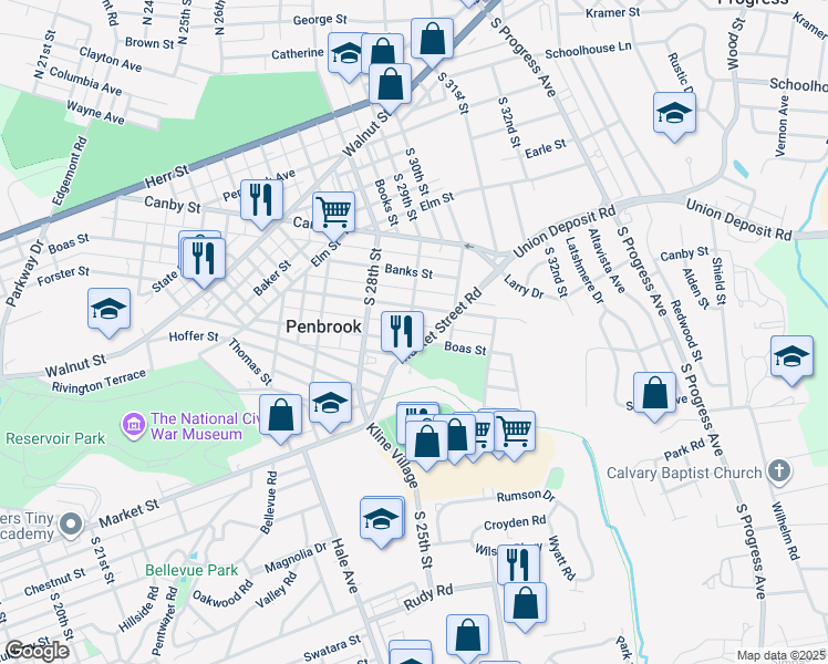map of restaurants, bars, coffee shops, grocery stores, and more near 2900 Boas Street in Harrisburg