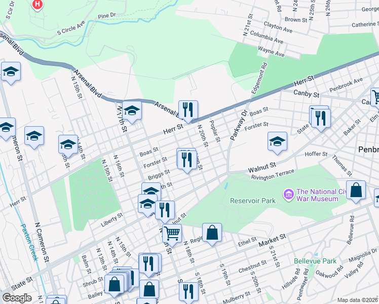 map of restaurants, bars, coffee shops, grocery stores, and more near 1901 Forster Street in Harrisburg