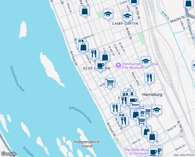 map of restaurants, bars, coffee shops, grocery stores, and more near 1827 North 2nd Street in Harrisburg