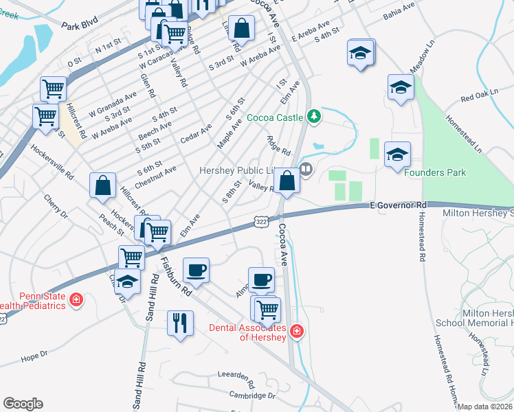 map of restaurants, bars, coffee shops, grocery stores, and more near 831 Linden Road in Hershey