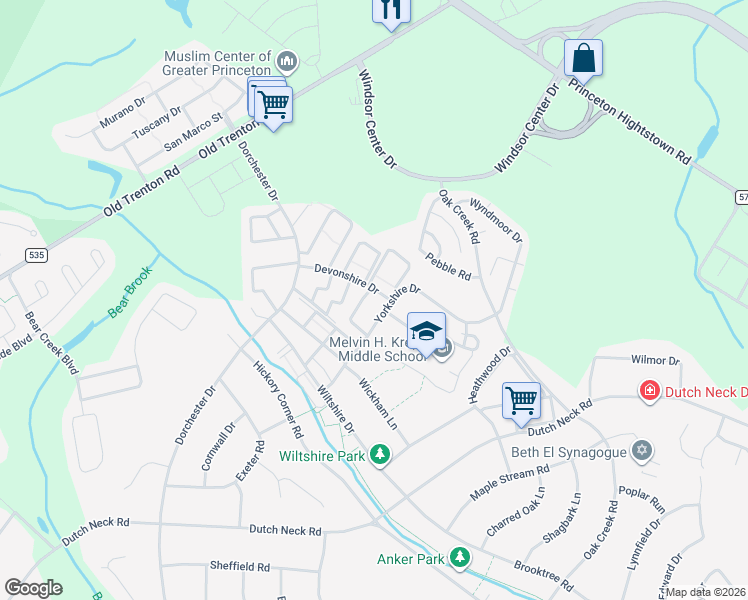 map of restaurants, bars, coffee shops, grocery stores, and more near 74 Princeton Arms West in East Windsor