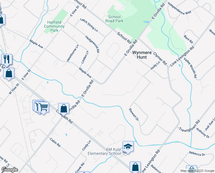 map of restaurants, bars, coffee shops, grocery stores, and more near 2317 E Orvilla Rd in Hatfield