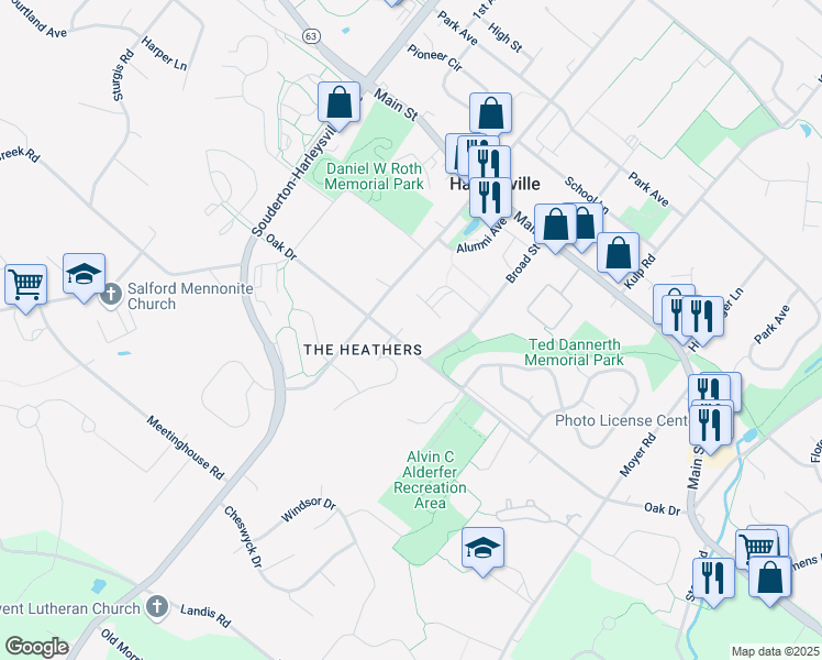 map of restaurants, bars, coffee shops, grocery stores, and more near 479 Oak Drive in Harleysville