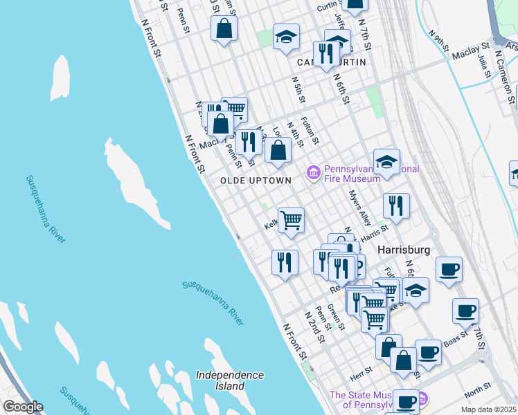 map of restaurants, bars, coffee shops, grocery stores, and more near 1828 Penn Street in Harrisburg