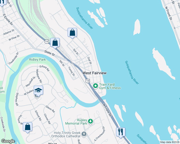 map of restaurants, bars, coffee shops, grocery stores, and more near in West Fairview