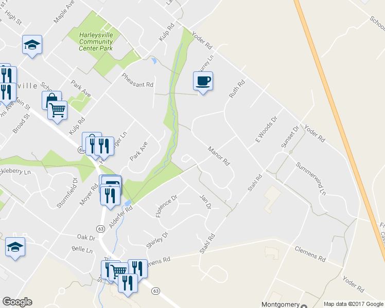 map of restaurants, bars, coffee shops, grocery stores, and more near 357 Manor Circle in Harleysville
