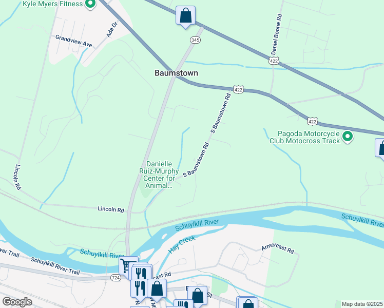 map of restaurants, bars, coffee shops, grocery stores, and more near 402 South Baumstown Road in Birdsboro
