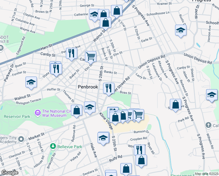 map of restaurants, bars, coffee shops, grocery stores, and more near 2822 Boas Street in Harrisburg
