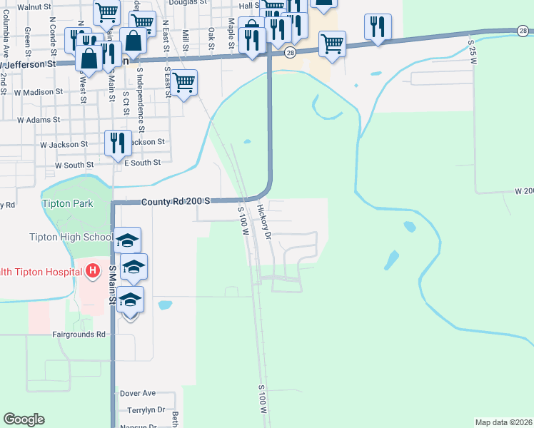 map of restaurants, bars, coffee shops, grocery stores, and more near 634 Hickory Drive in Tipton