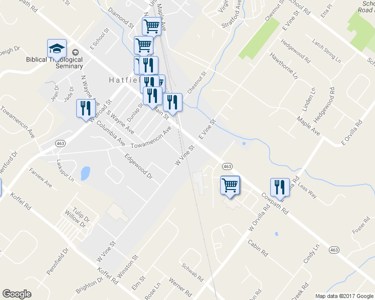 map of restaurants, bars, coffee shops, grocery stores, and more near 29 West Vine Street in Hatfield