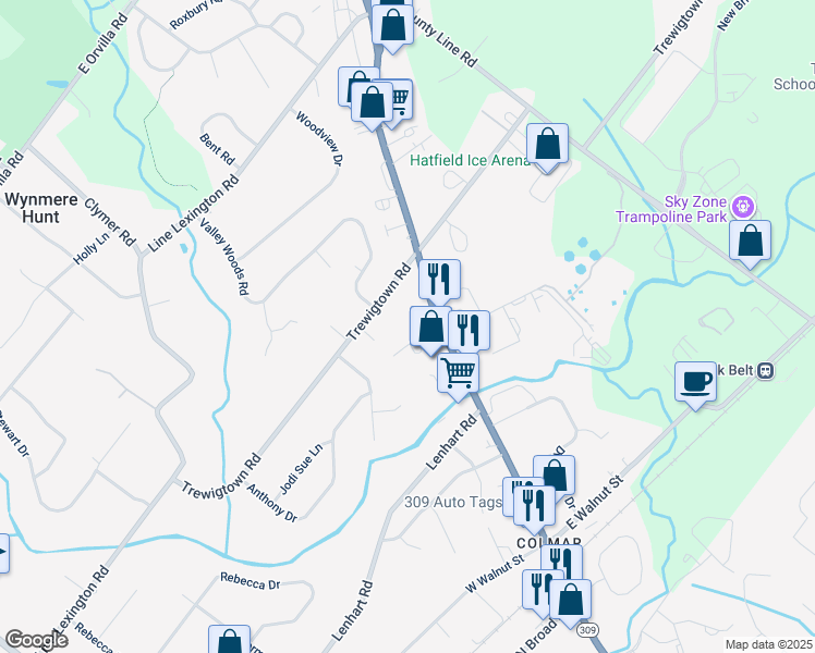 map of restaurants, bars, coffee shops, grocery stores, and more near 428 Bethlehem Pike in Colmar