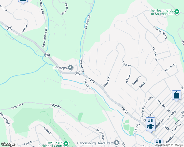 map of restaurants, bars, coffee shops, grocery stores, and more near 126 Rose Avenue in Canonsburg