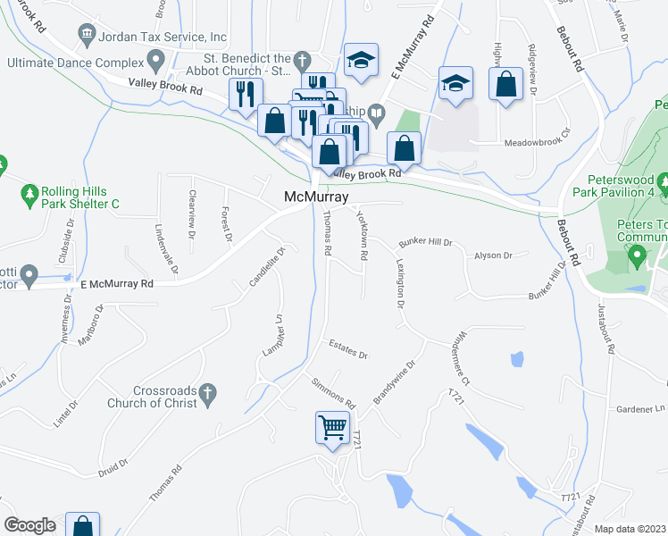 map of restaurants, bars, coffee shops, grocery stores, and more near 100 Concord Drive in Canonsburg