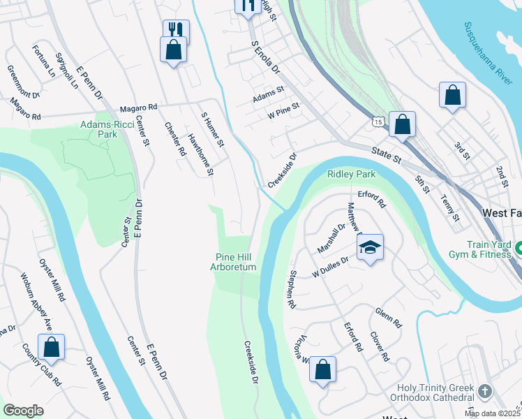 map of restaurants, bars, coffee shops, grocery stores, and more near 122 Creekside Drive in Enola