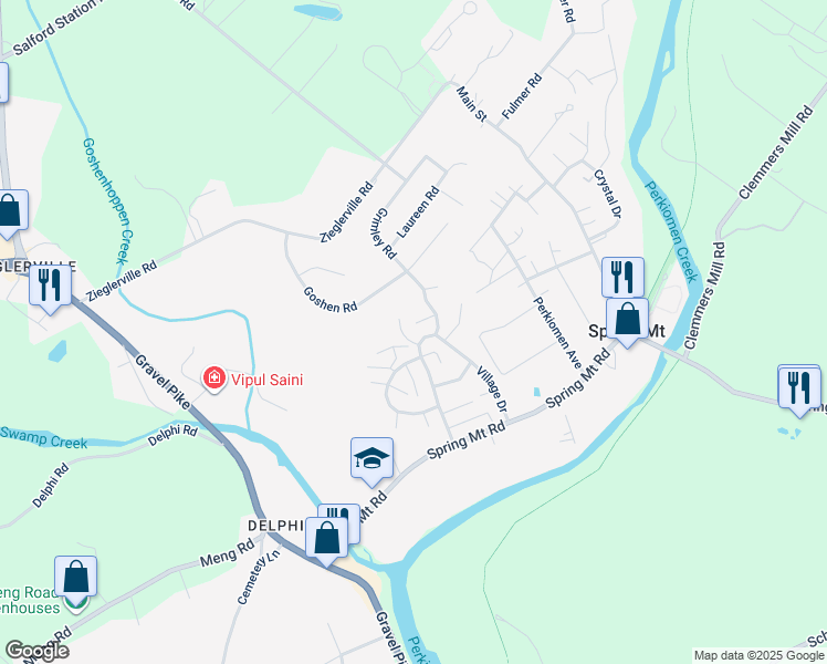 map of restaurants, bars, coffee shops, grocery stores, and more near 135 Village Drive in Schwenksville