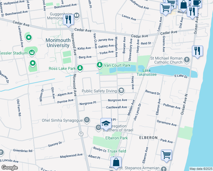 map of restaurants, bars, coffee shops, grocery stores, and more near 296 Lockwood Avenue in Long Branch