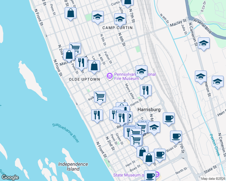 map of restaurants, bars, coffee shops, grocery stores, and more near 1733 Logan Street in Harrisburg
