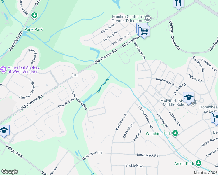 map of restaurants, bars, coffee shops, grocery stores, and more near 351 Blanketflower Lane in West Windsor Township