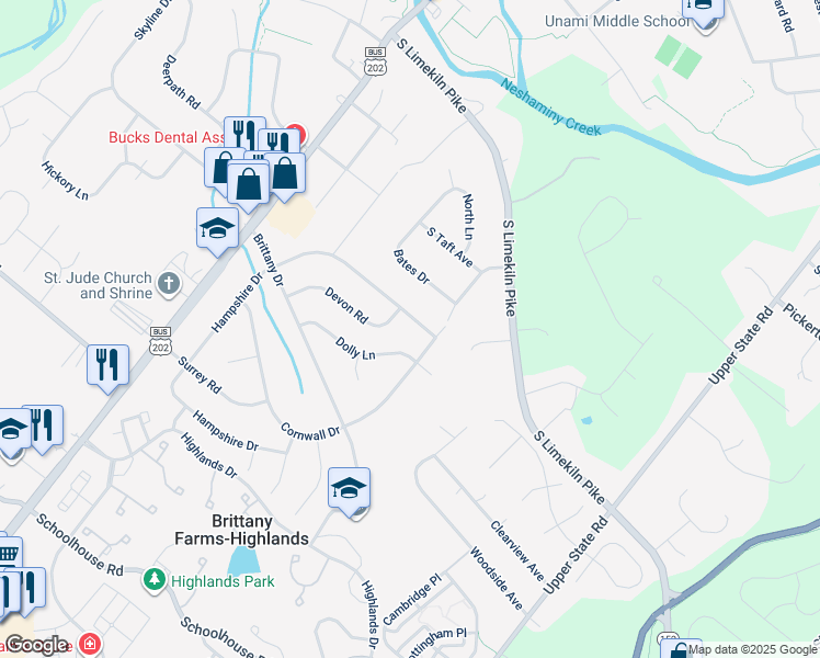 map of restaurants, bars, coffee shops, grocery stores, and more near 132 Hampshire Drive in Chalfont