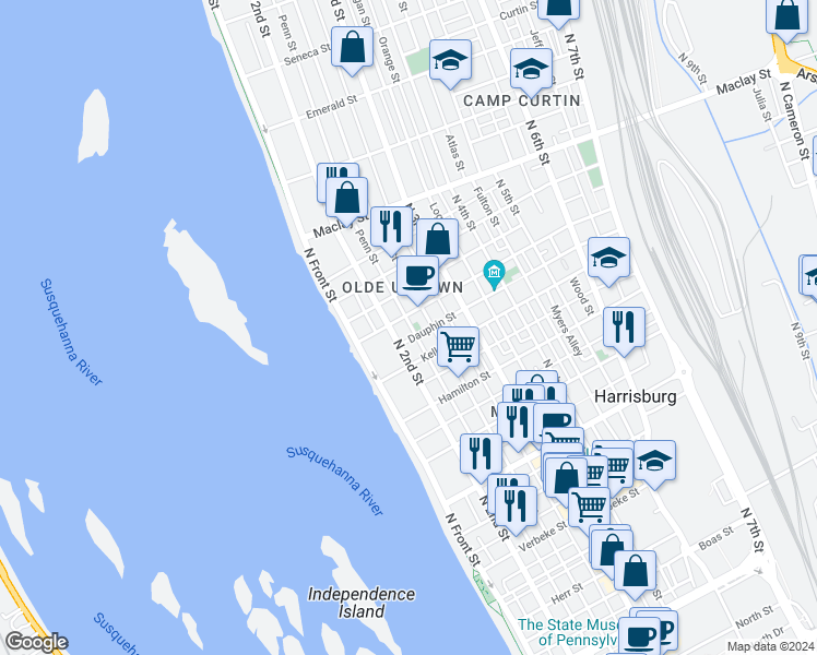map of restaurants, bars, coffee shops, grocery stores, and more near 1830 Penn Street in Harrisburg