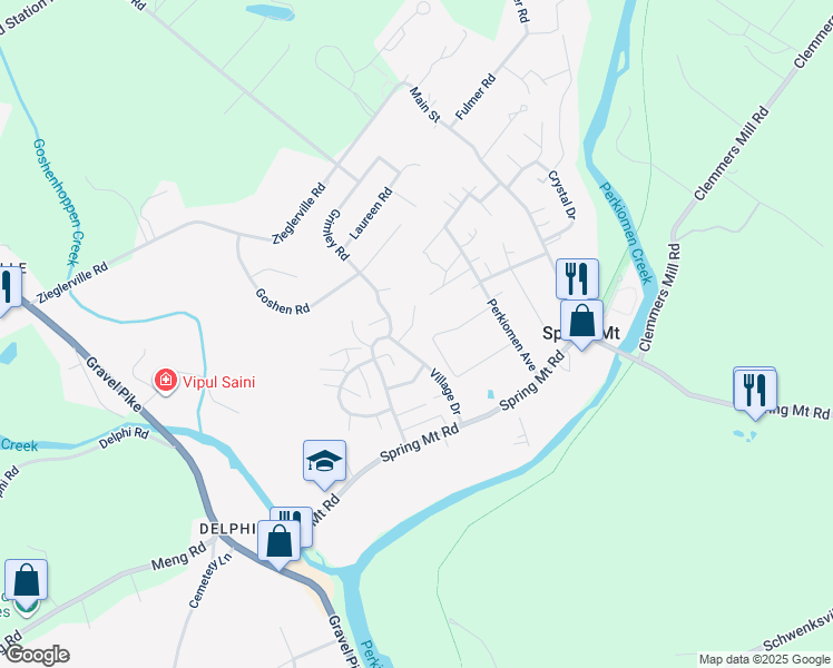 map of restaurants, bars, coffee shops, grocery stores, and more near 76 Village Drive in Schwenksville