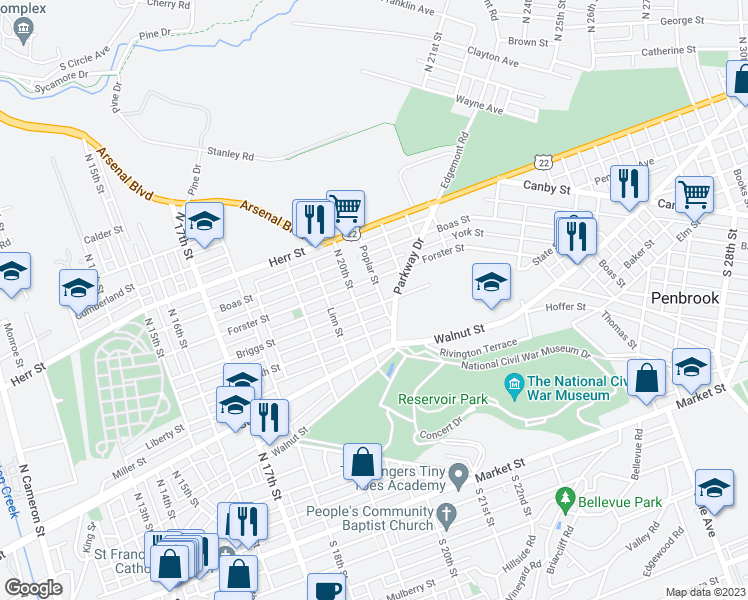 map of restaurants, bars, coffee shops, grocery stores, and more near 2018 Briggs Street in Harrisburg