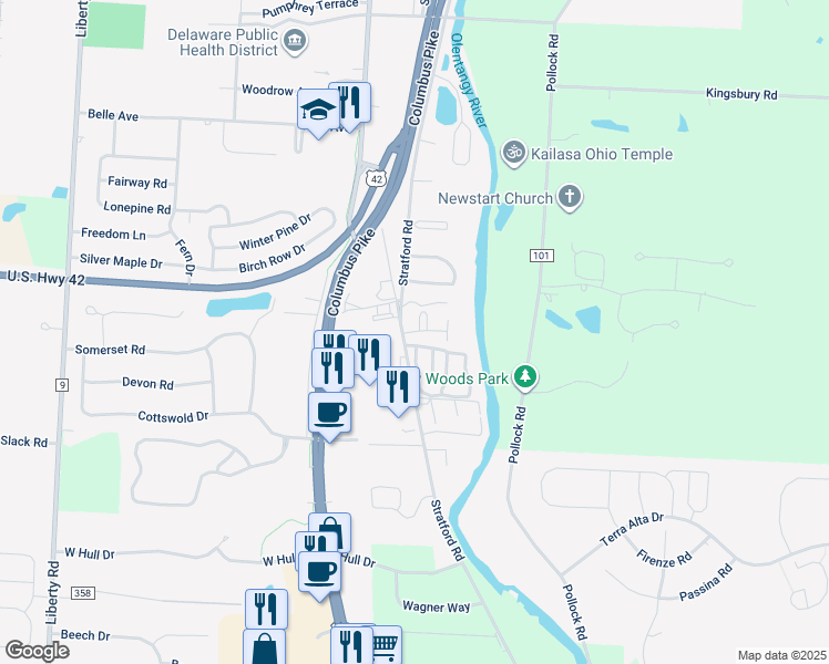 map of restaurants, bars, coffee shops, grocery stores, and more near 23 Sterling Ridge Drive in Delaware