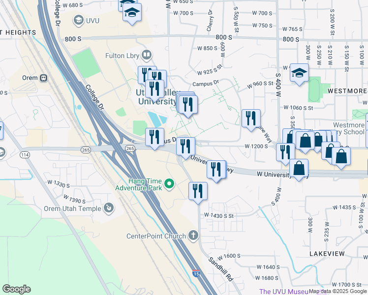 map of restaurants, bars, coffee shops, grocery stores, and more near 705 West 1200 South Street in Orem