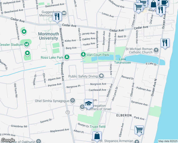 map of restaurants, bars, coffee shops, grocery stores, and more near 296 Lockwood Avenue in Long Branch
