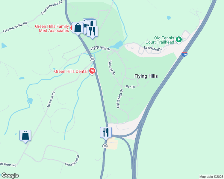 map of restaurants, bars, coffee shops, grocery stores, and more near 36 Muirfield Drive in Reading