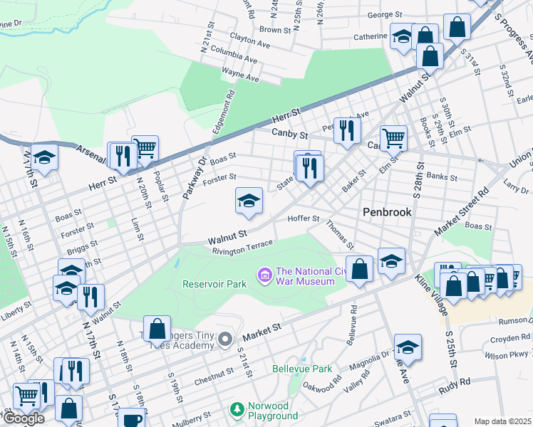 map of restaurants, bars, coffee shops, grocery stores, and more near 2216 Walnut Street in Harrisburg