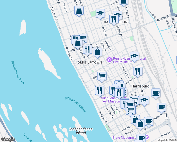 map of restaurants, bars, coffee shops, grocery stores, and more near 1827 North 2nd Street in Harrisburg