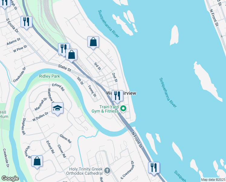 map of restaurants, bars, coffee shops, grocery stores, and more near in West Fairview
