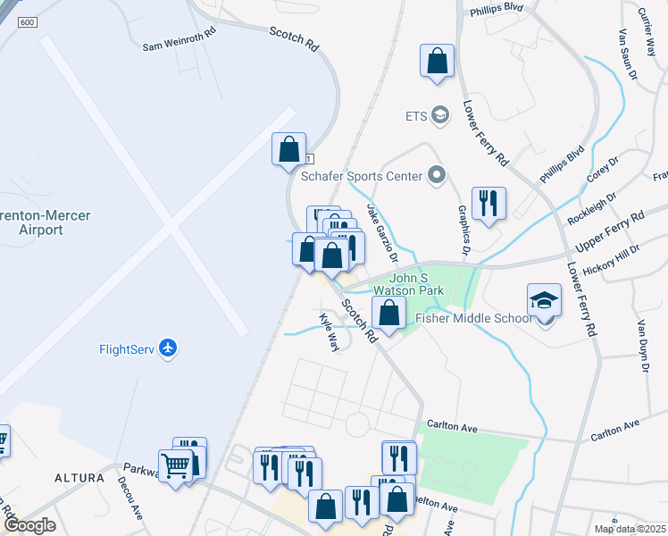 map of restaurants, bars, coffee shops, grocery stores, and more near 180 Scotch Road in Ewing Township